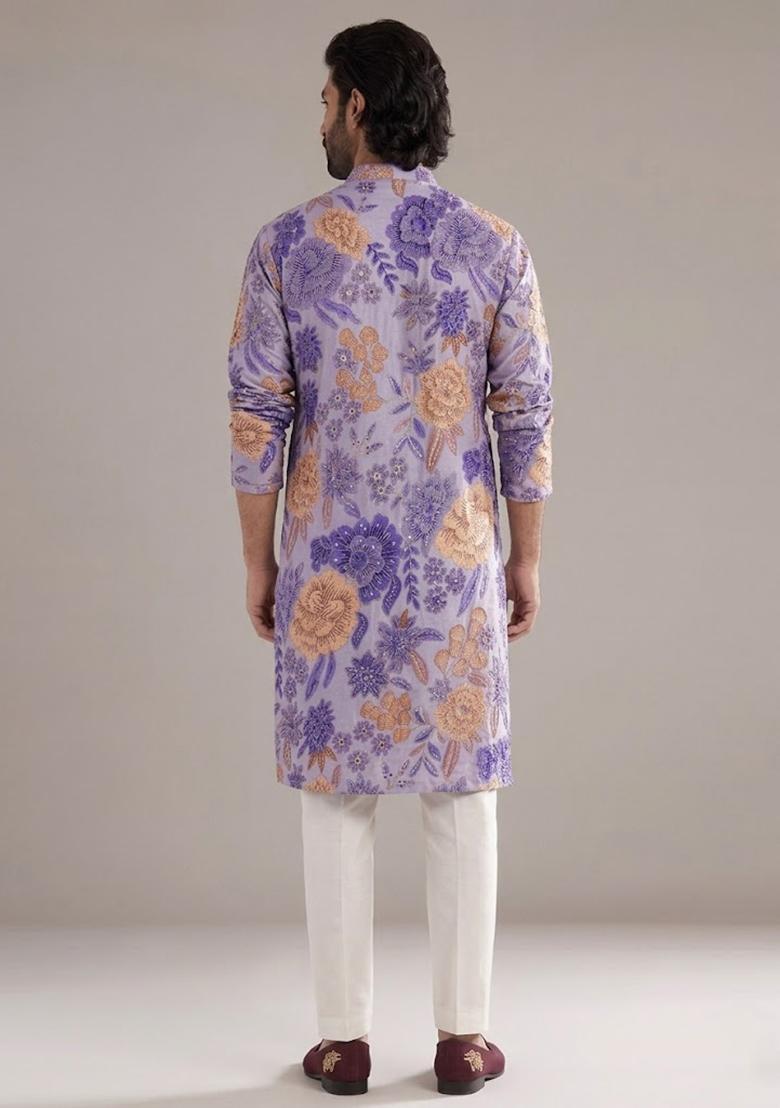 Lavender Printed Silk Blend Kurta Set For Men - Indya