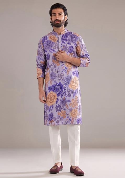 Lavender Printed Silk Kurta Set For Men