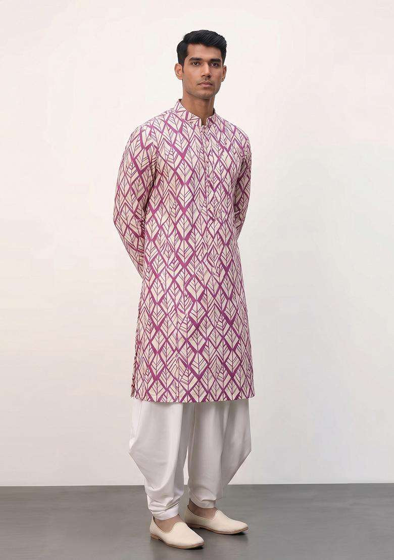 Pink Printed Crepe Kurta Set For Men - Indya