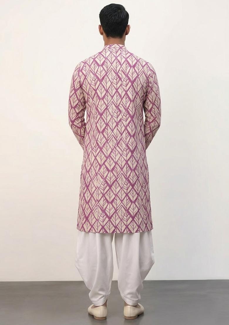 Pink Printed Crepe Kurta Set For Men - Indya