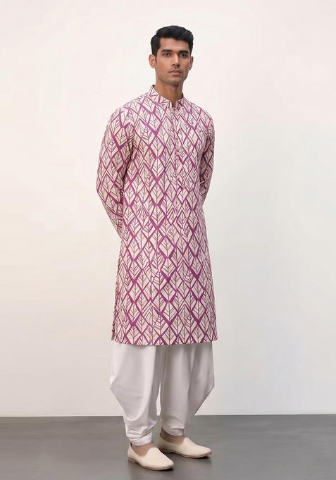 Pink Printed Crepe Kurta Set For Men