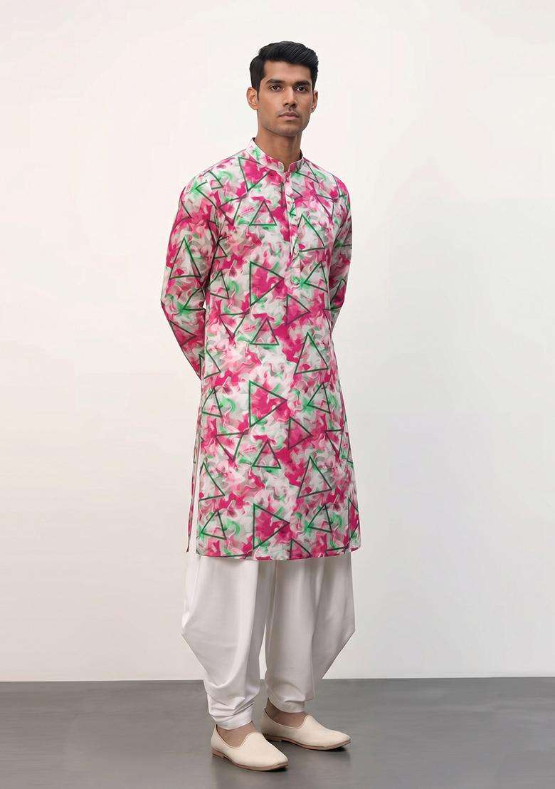 Pink Printed Crepe Kurta Set For Men - Indya