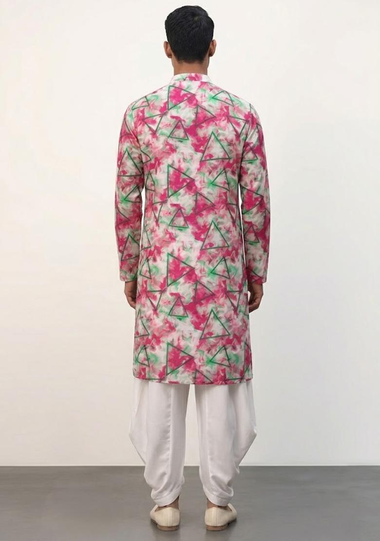 Pink Printed Crepe Kurta Set For Men - Indya