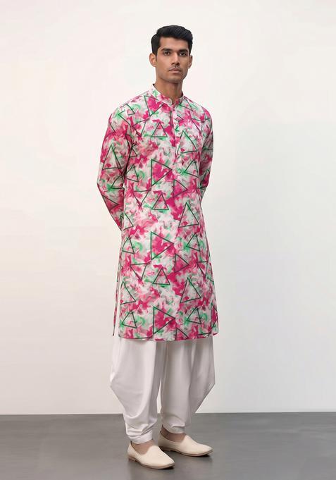 Pink Printed Crepe Kurta Set For Men