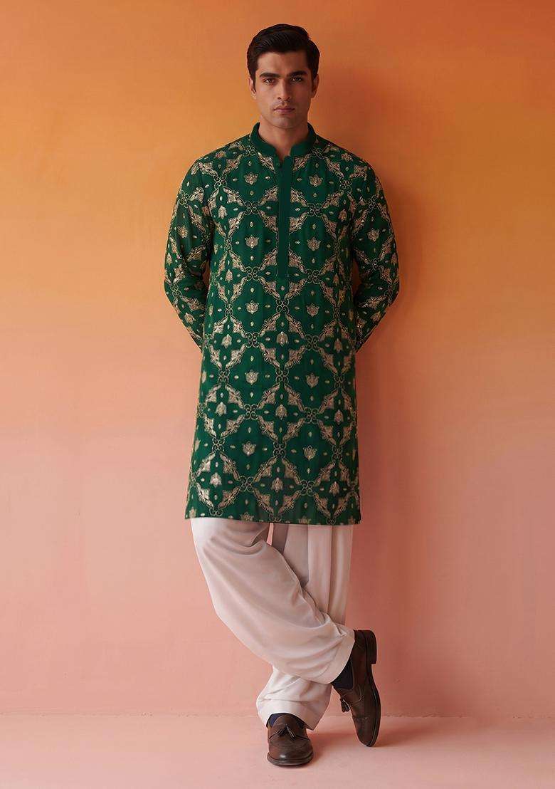 Bottle Green Embroidered Georgette Kurta Set For Men - Indya