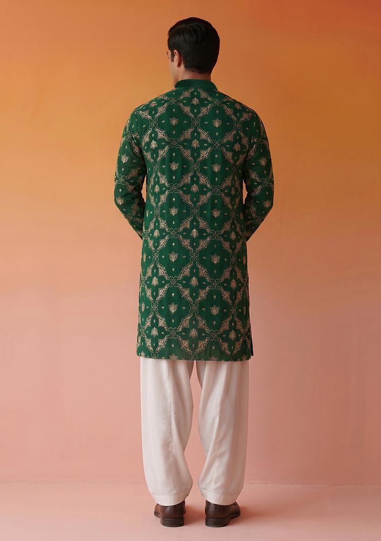Bottle Green Embroidered Georgette Kurta Set For Men - Indya