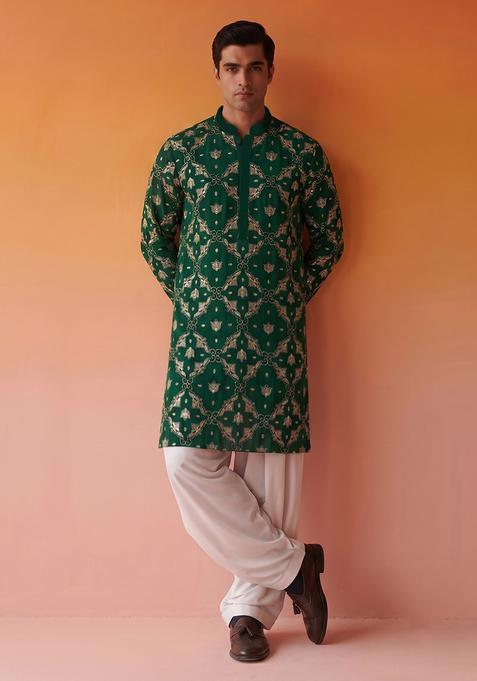 Bottle Green Embroidered Georgette Kurta Set For Men