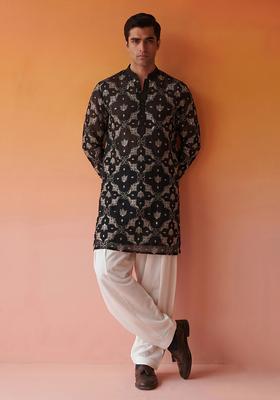 Black Embroidered Georgette Kurta Set For Men