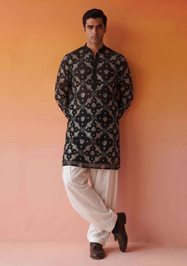 Black Embroidered Georgette Kurta Set For Men - Indya