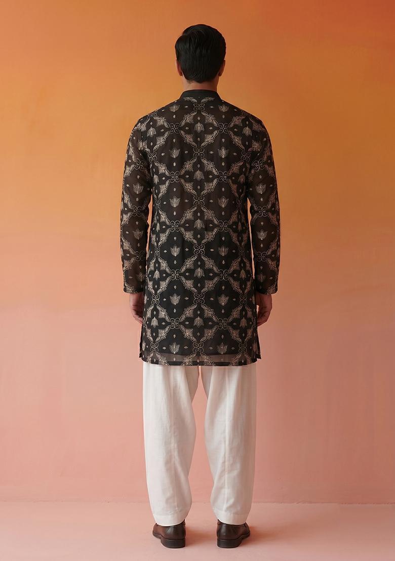 Black Embroidered Georgette Kurta Set For Men - Indya