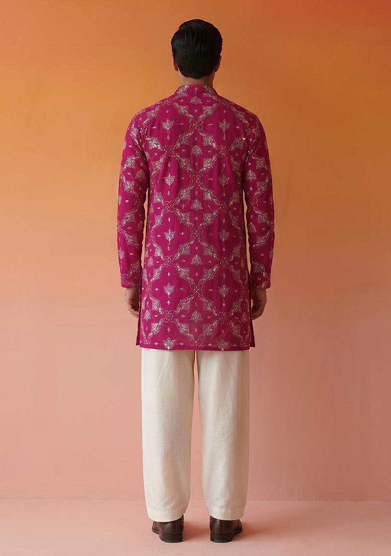 Rani Pink Embroidered Georgette Kurta Set For Men - Indya