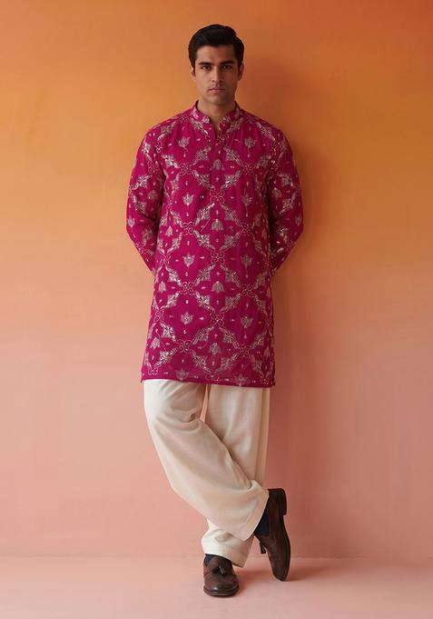 Rani Pink Embroidered Georgette Kurta Set For Men