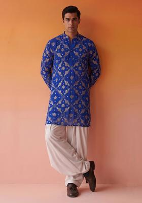 Royal Blue Embroidered Georgette Kurta Set For Men
