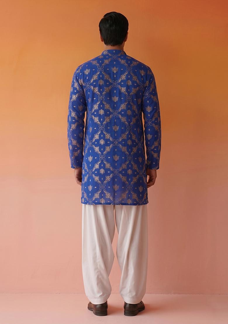 Royal Blue Embroidered Georgette Kurta Set For Men - Indya