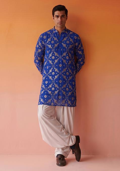 Royal Blue Embroidered Georgette Kurta Set For Men