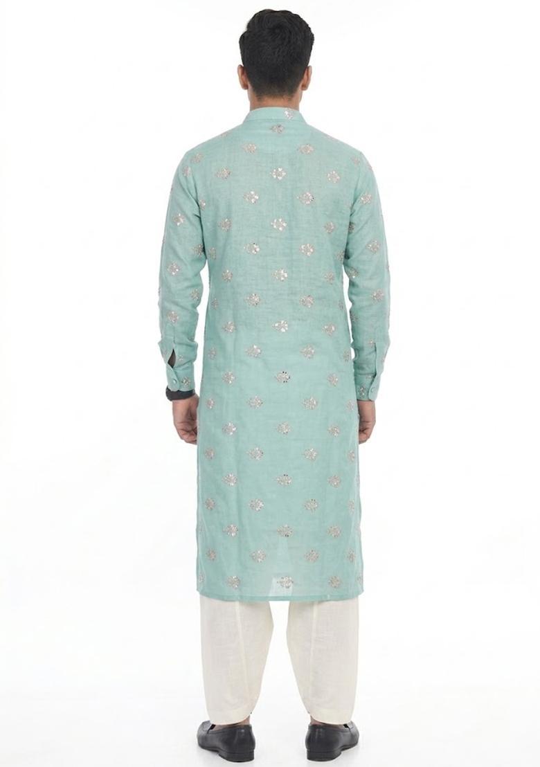 Mint Green Embroidered Chanderi Kurta Set For Men - Indya