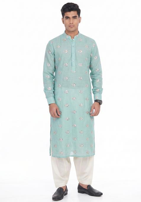 Mint Green Embroidered Chanderi Kurta Set For Men