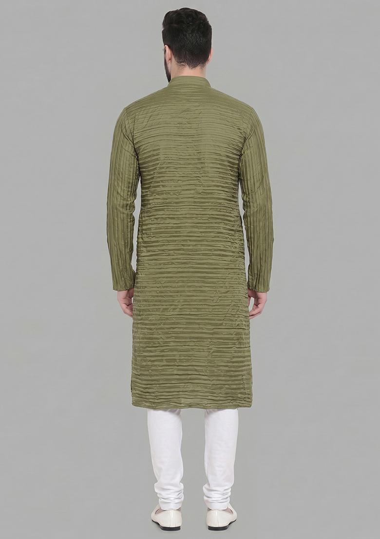 Olive Green Pleated Crepe Kurta Set For Men - Indya