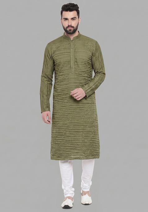 Olive Green Pleated Crepe Kurta Set For Men