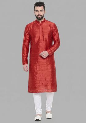 Red Pleated Crepe Kurta Set For Men