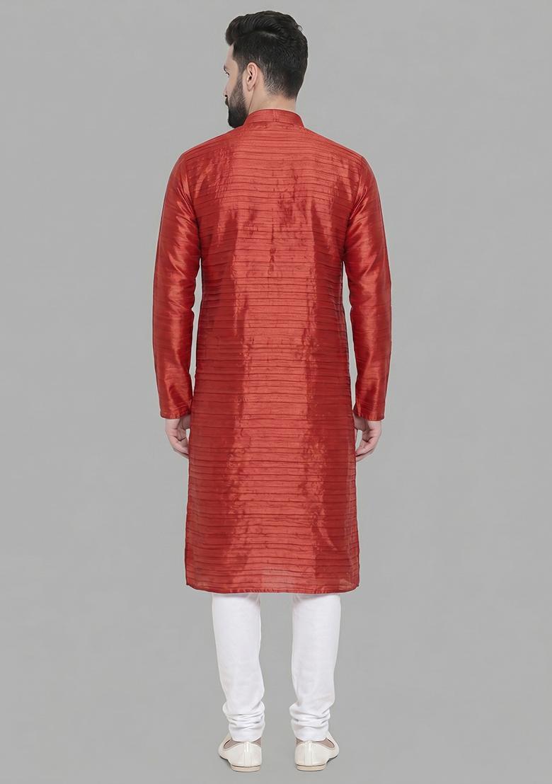 Red Pleated Crepe Kurta Set For Men - Indya