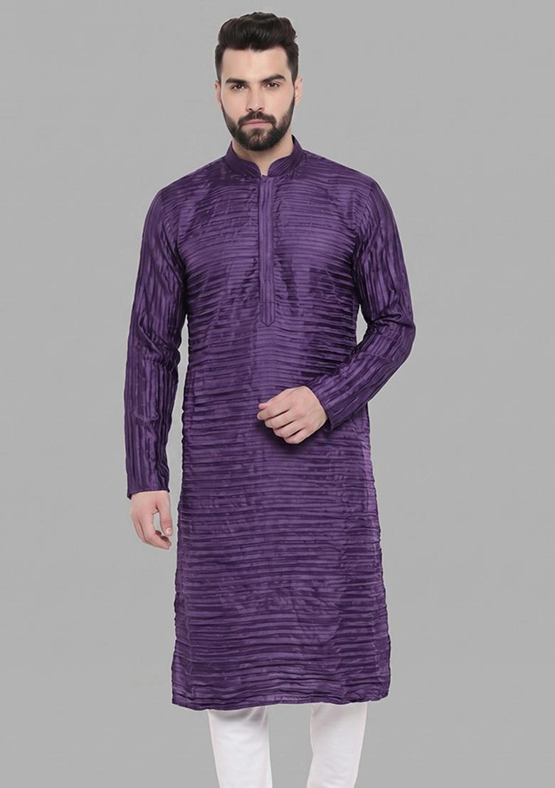 Purple Pleated Crepe Kurta Set For Men - Indya