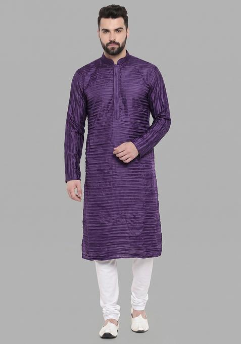 Purple Pleated Crepe Kurta Set For Men