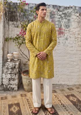 Mustard Embroidered Organza Kurta Set For Men