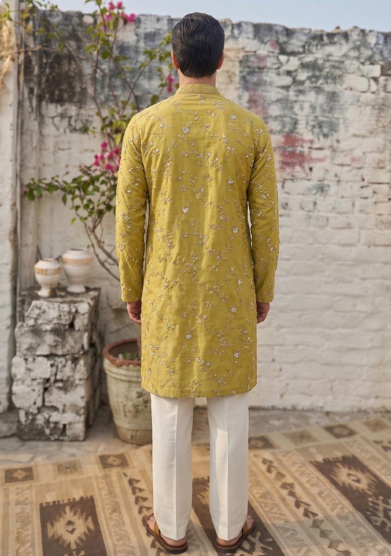 Mustard Embroidered Organza Kurta Set For Men - Indya