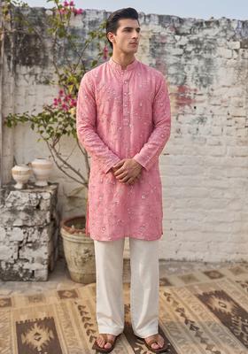 Rose Pink Embroidered Organza Kurta Set For Men