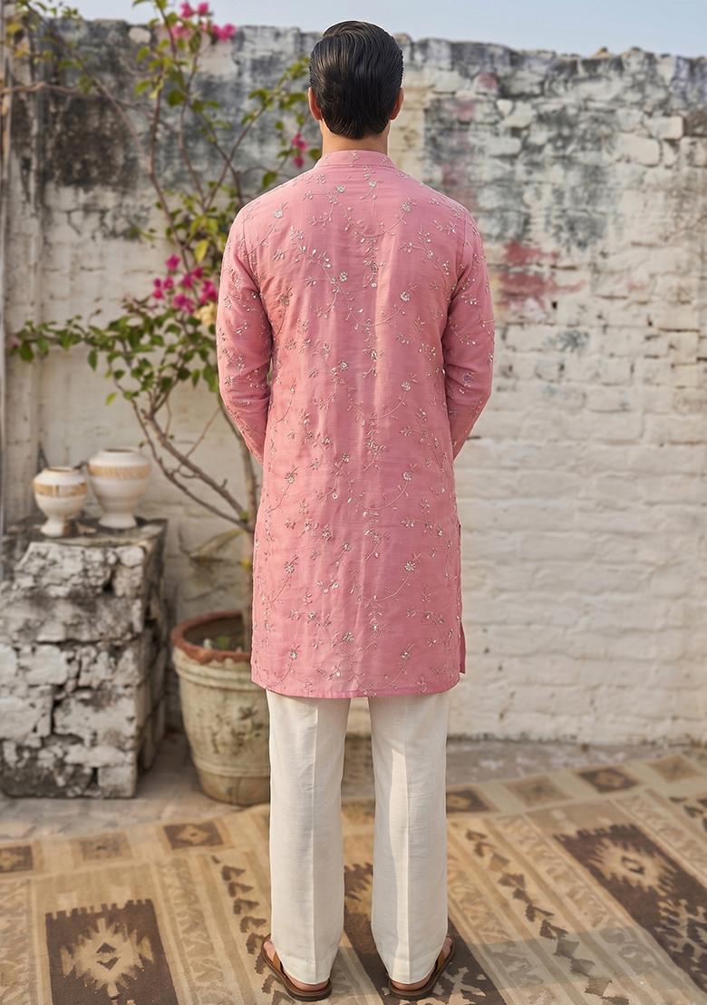 Rose Pink Embroidered Organza Kurta Set For Men - Indya