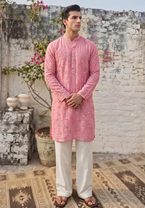 Rose Pink Embroidered Organza Kurta Set For Men