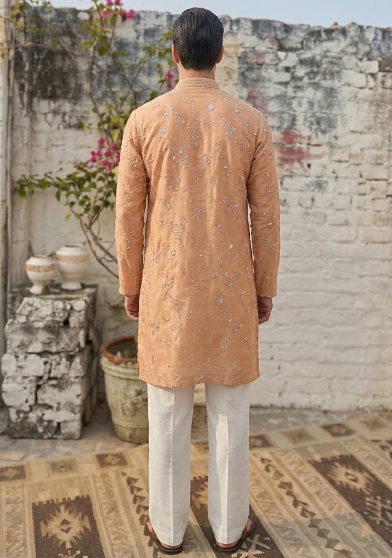 Orange Embroidered Organza Kurta Set For Men - Indya