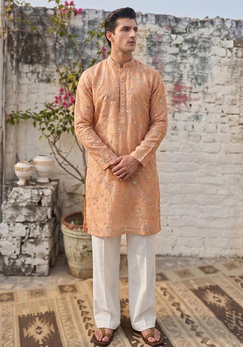 Orange Embroidered Organza Kurta Set For Men