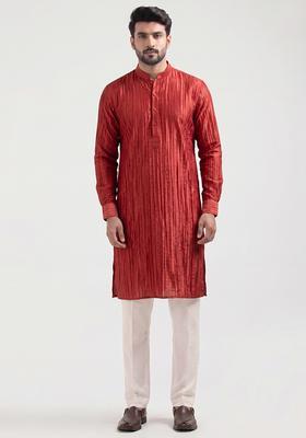 Red Pleated Crepe Kurta Set For Men