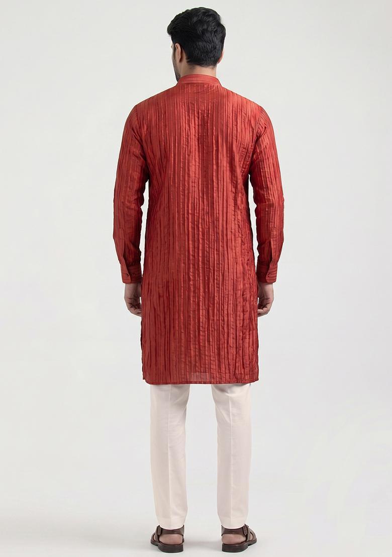 Red Pleated Crepe Kurta Set For Men - Indya