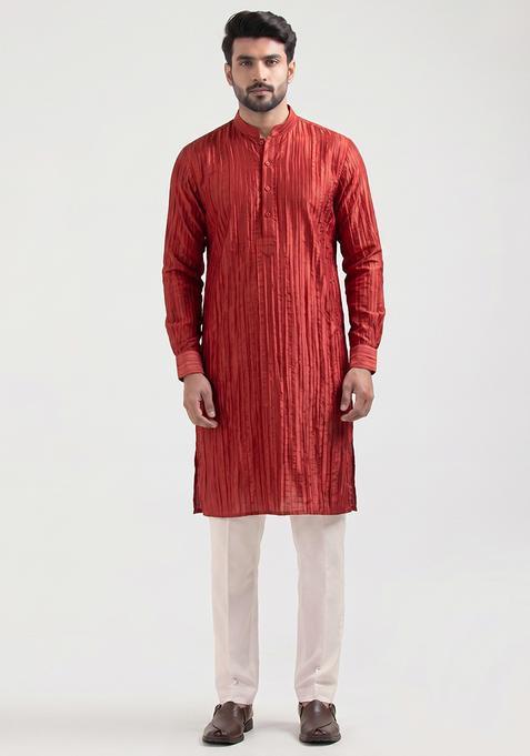 Red Pleated Crepe Kurta Set For Men