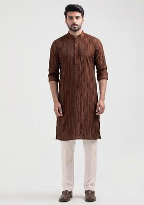 Dark Brown Pleated Crepe Kurta Set For Men