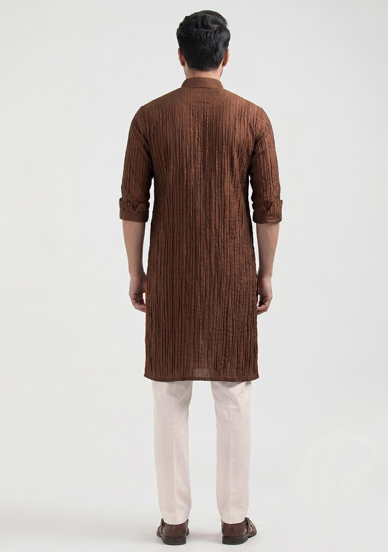 Dark Brown Pleated Crepe Kurta Set For Men - Indya