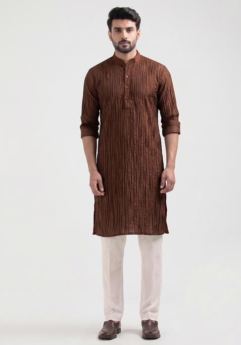 Dark Brown Pleated Crepe Kurta Set For Men