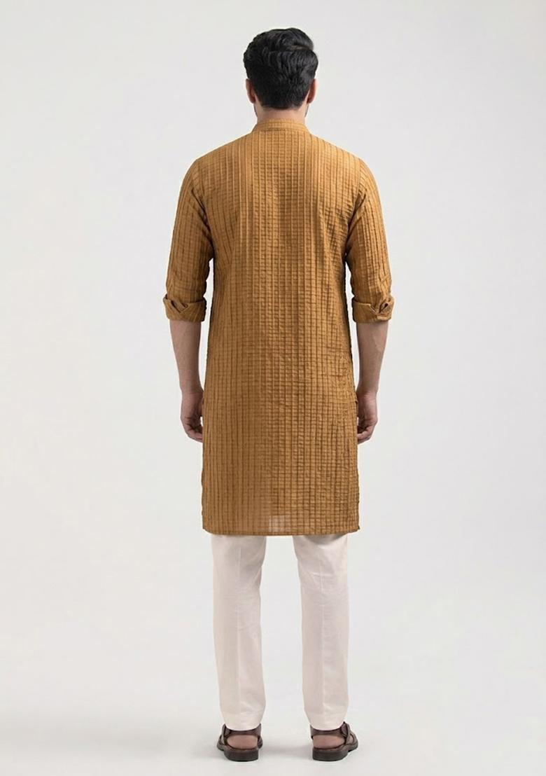 Brown Pleated Crepe Kurta Set For Men - Indya