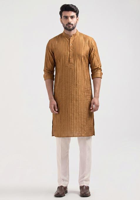 Brown Pleated Crepe Kurta Set For Men