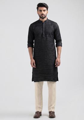 Black Pleated Crepe Kurta Set For Men
