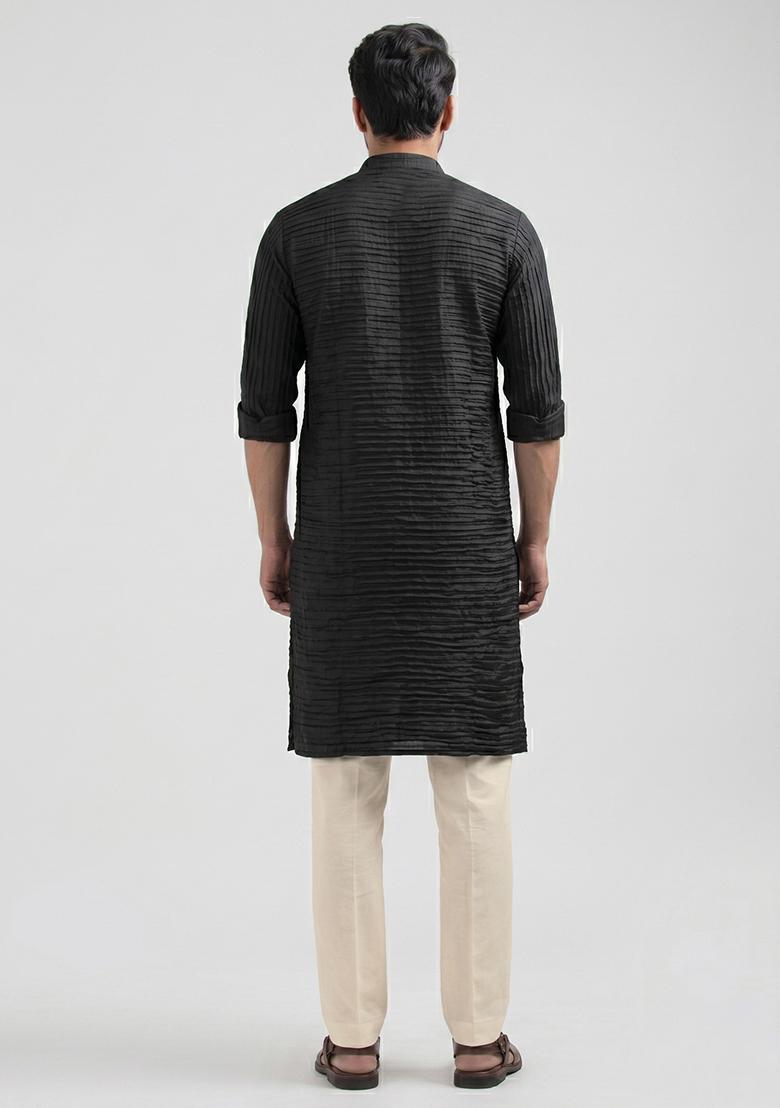 Black Pleated Crepe Kurta Set For Men - Indya