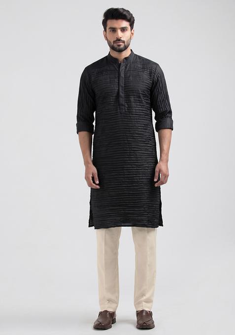 Black Pleated Crepe Kurta Set For Men