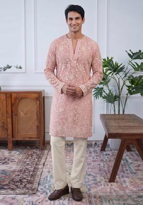 Peach Pink Embroidered Cotton Kurta Set For Men