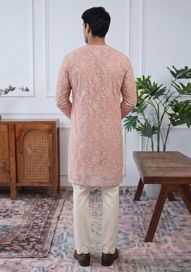 Peach Pink Embroidered Cotton Kurta Set For Men - Indya