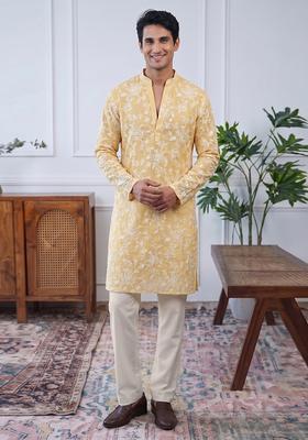 Pastel Yellow Embroidered Cotton Kurta Set For Men