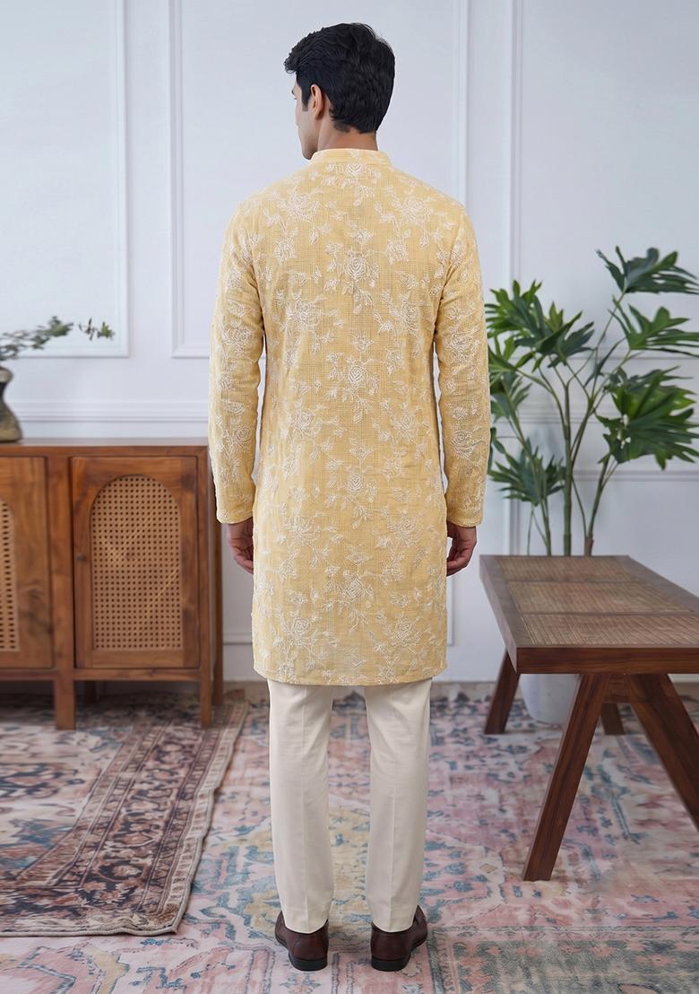 Pastel Yellow Embroidered Cotton Kurta Set For Men - Indya