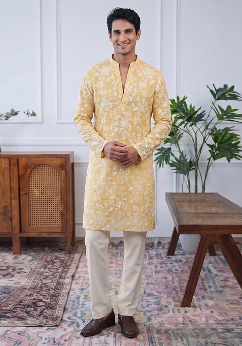 Pastel Yellow Embroidered Cotton Kurta Set For Men